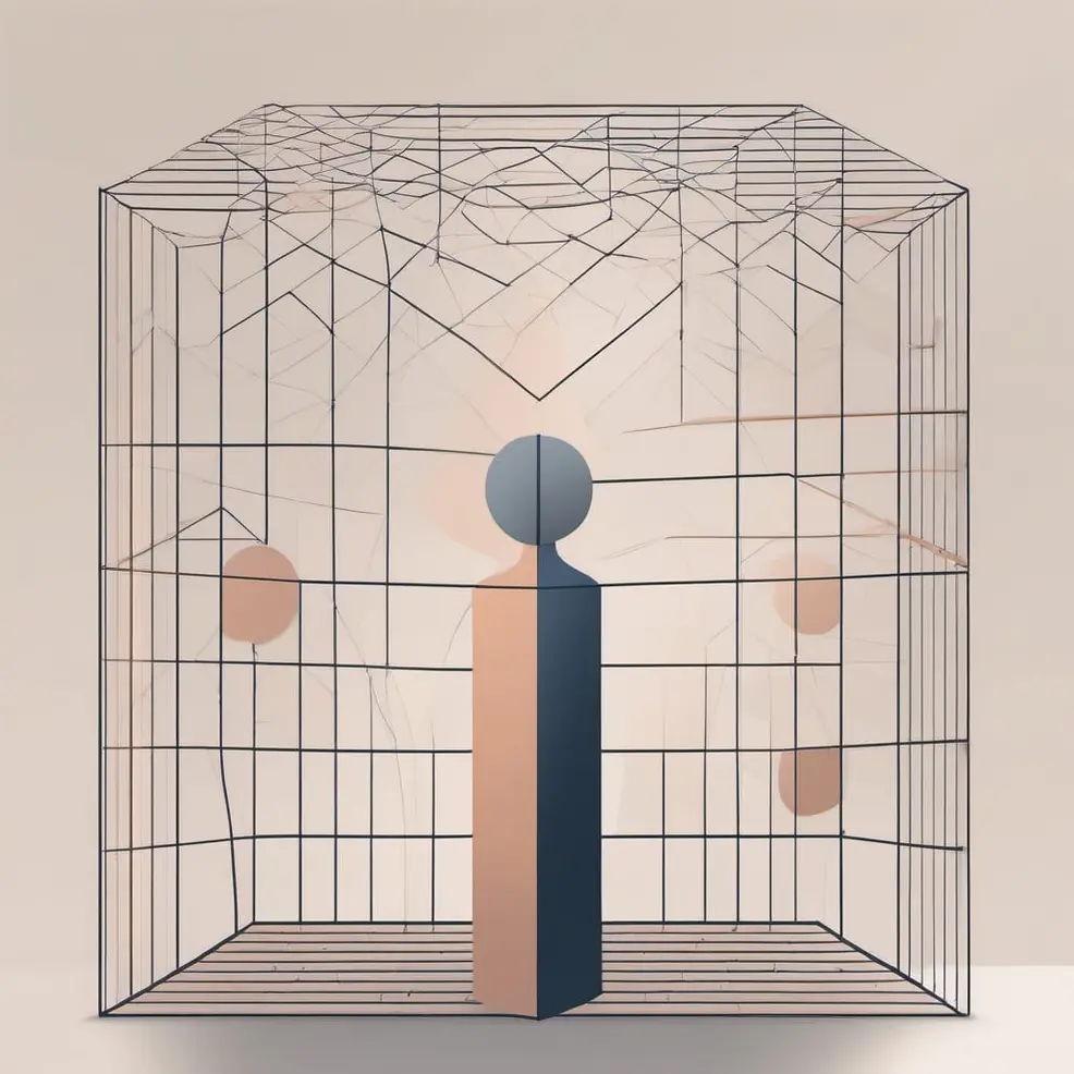 A dark figure stands before a wireframe cube filled with abstract shapes on a pale beige background with a subtle gradient
