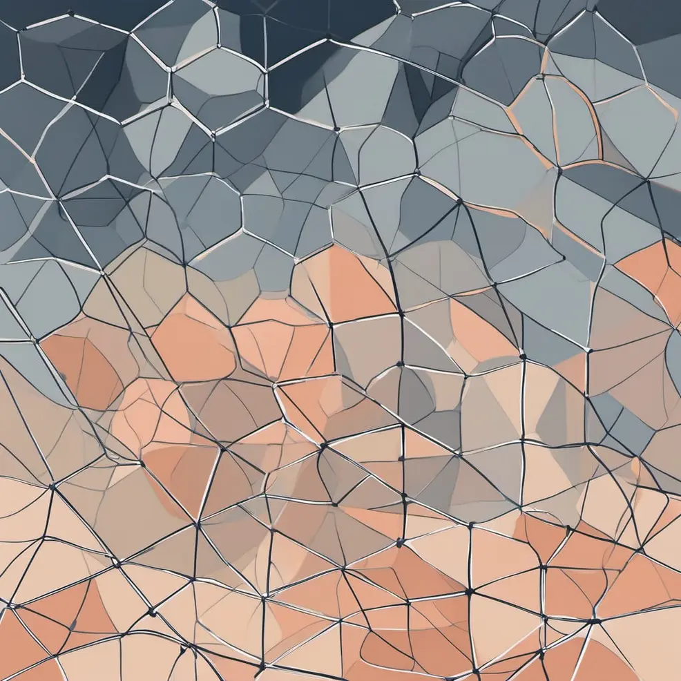 An abstract pattern of interconnected triangles in shades of grey-blue floats above a field of peach and tan shapes