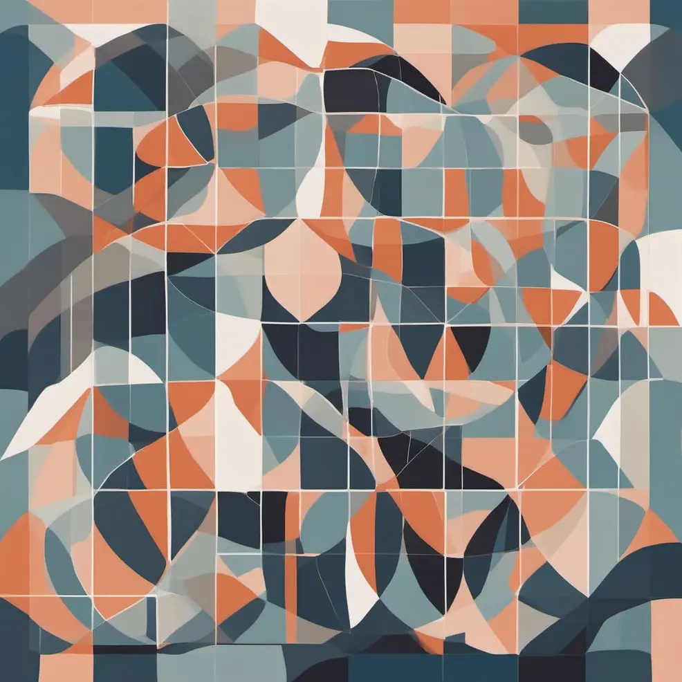 An abstract pattern of geometric shapes in orange, grey, blue, and white arranged in a grid-like structure