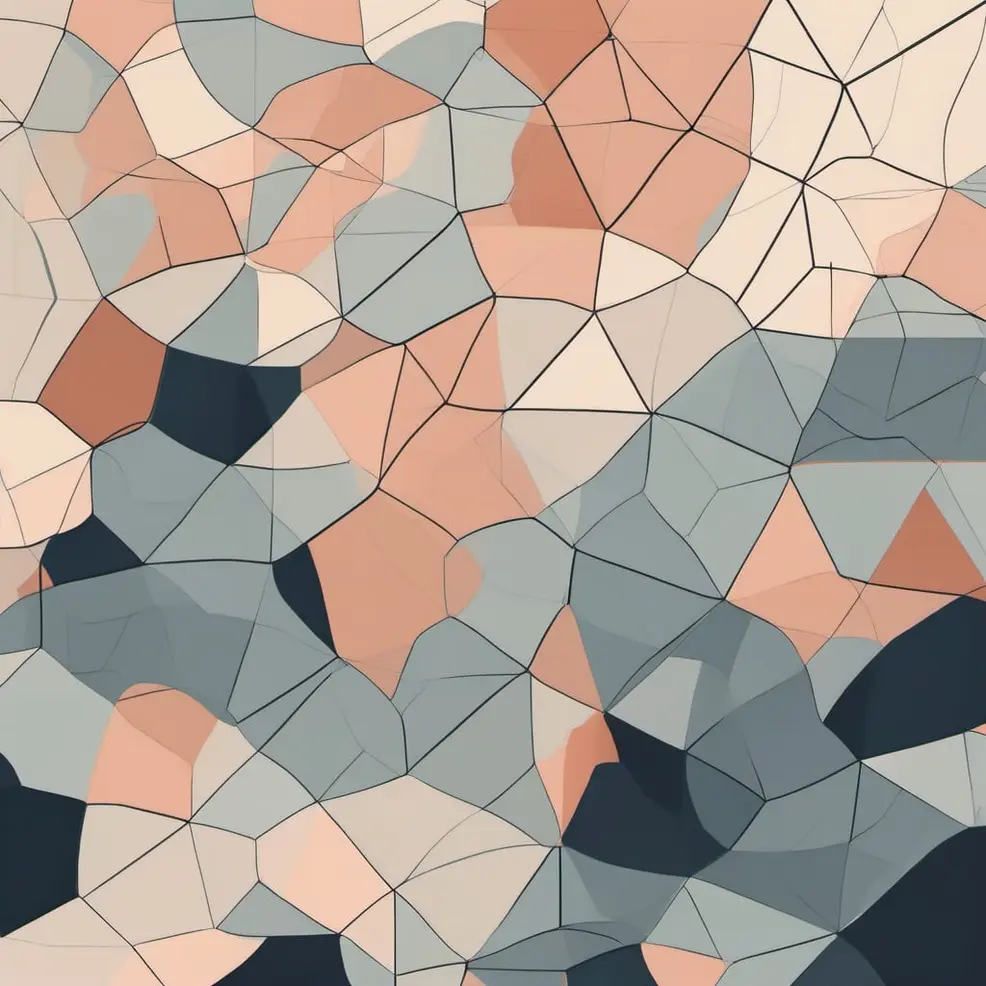 A network of thin black lines forms irregular polygons filled with shades of peach, gray, and dark blue