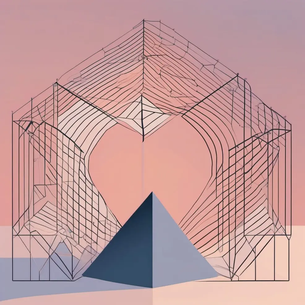 A wireframe heart floats above a blue pyramid on a pink and peach gradient background with geometric shapes