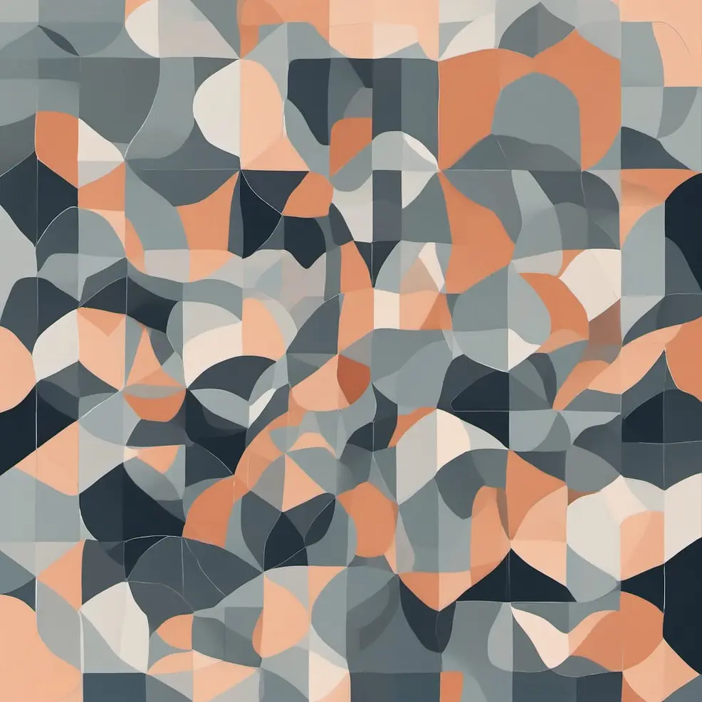 A complex arrangement of overlapping geometric shapes in shades of gray, peach, white, and dark charcoal