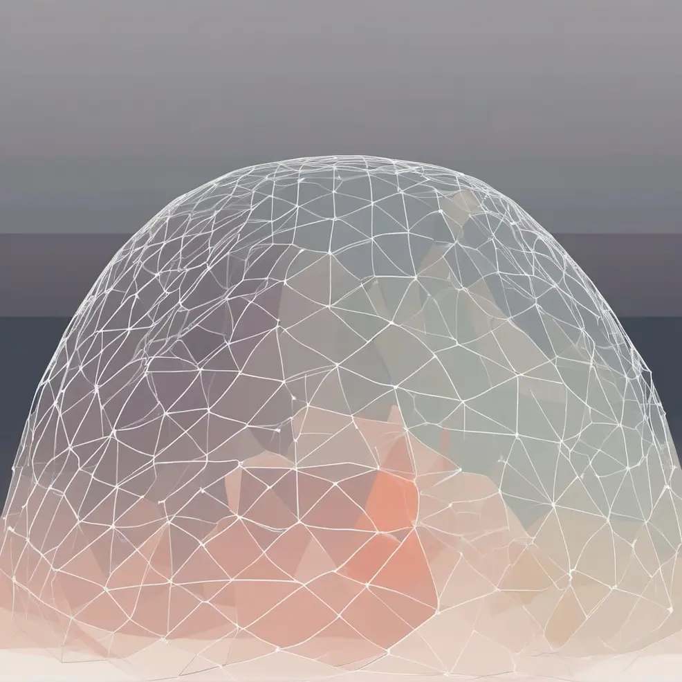 A wireframe geodesic dome sits above a textured orange-and-grey base on a grey background with a dark horizon line
