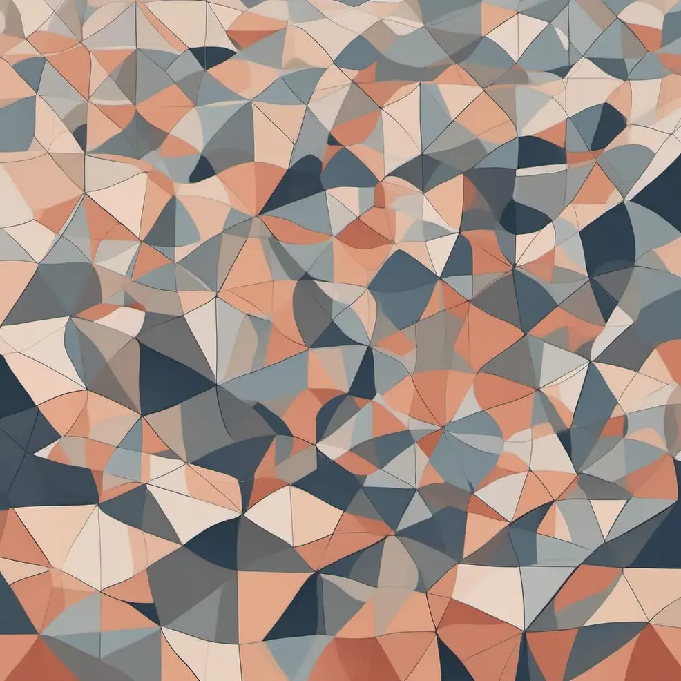 A complex geometric pattern made of many triangles in orange, grey, blue, and beige sits on a white background