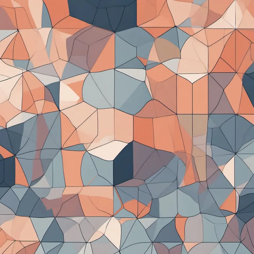 An abstract pattern of irregular, overlapping geometric shapes in orange, blue, and cream, outlined with thin white lines