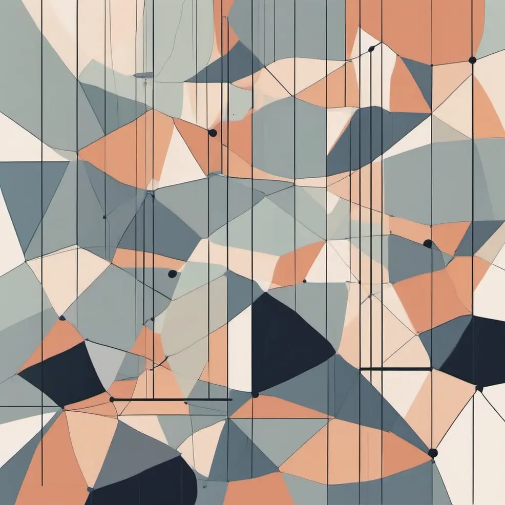 An abstract geometric pattern with peach, grey, and navy blue triangles overlaid by black lines and small dark circles