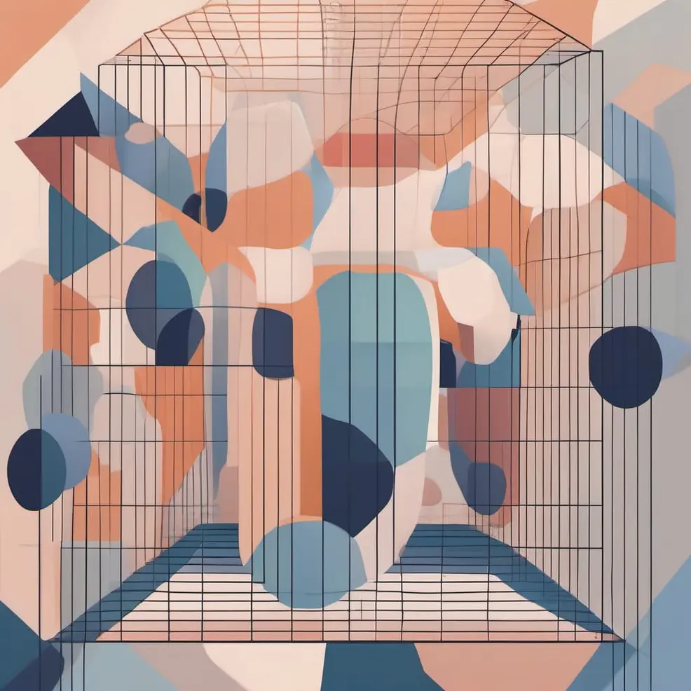 A wireframe cube encloses abstract geometric shapes in blue, peach, and white against a similarly colored background