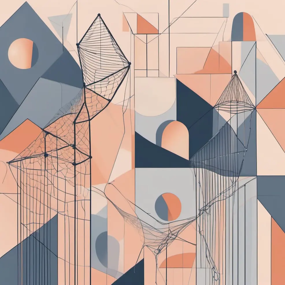 Geometric shapes in peach, blue, grey, and orange tones with wireframe pyramid and net structures on a flat background