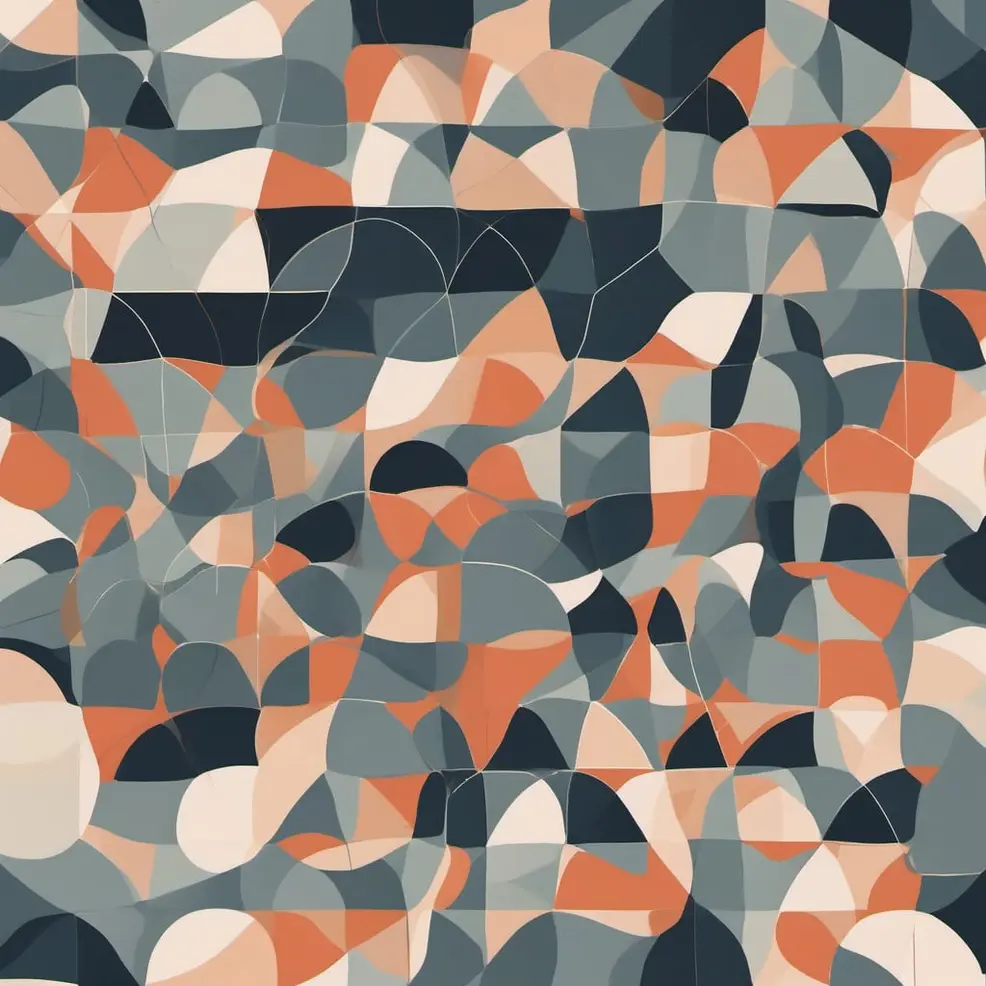 An abstract mosaic of orange, grey, white, and dark blue fragmented triangles and rounded shapes