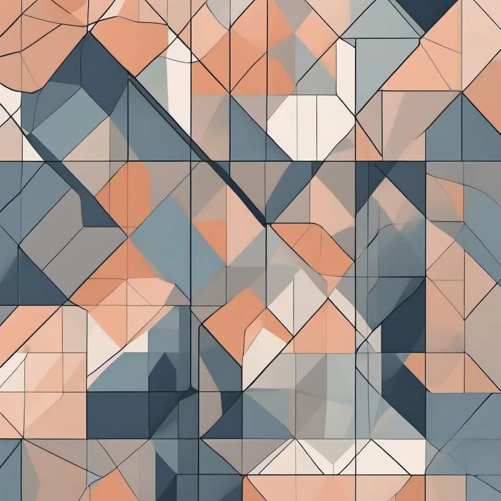 An abstract geometric pattern made of irregular polygons in blue, peach, and white, outlined with thin black lines