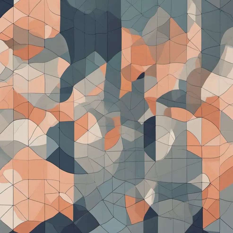 A complex arrangement of geometric shapes in peach, gray, and blue is connected by thin black lines