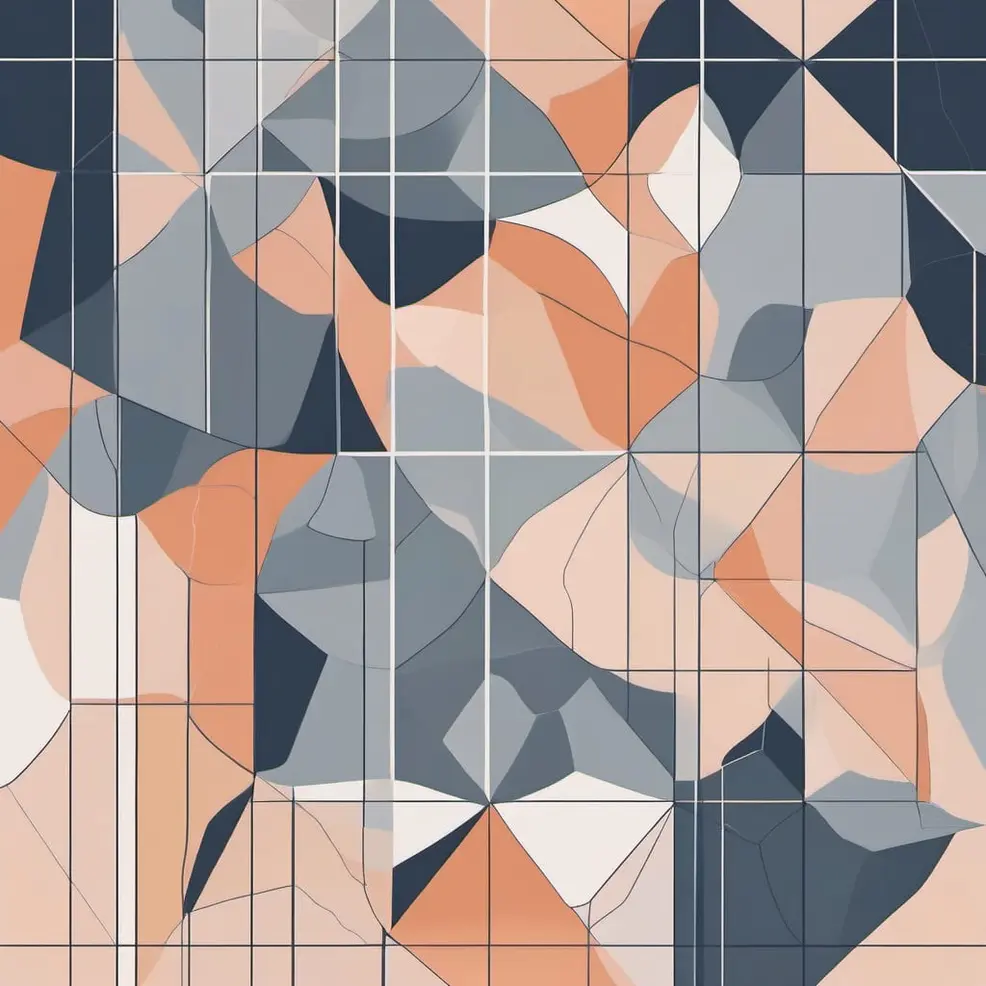 An abstract geometric pattern with overlapping triangles, curves, and rectangles in peach, blue-gray, and white overlaid on a grid