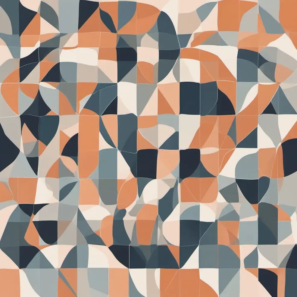 An abstract pattern of irregularly shaped polygons in orange, gray, white, and dark blue covers a flat surface