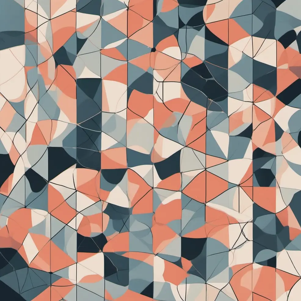 An abstract pattern of fragmented triangles in coral, blue-grey, and cream connected by thin black lines