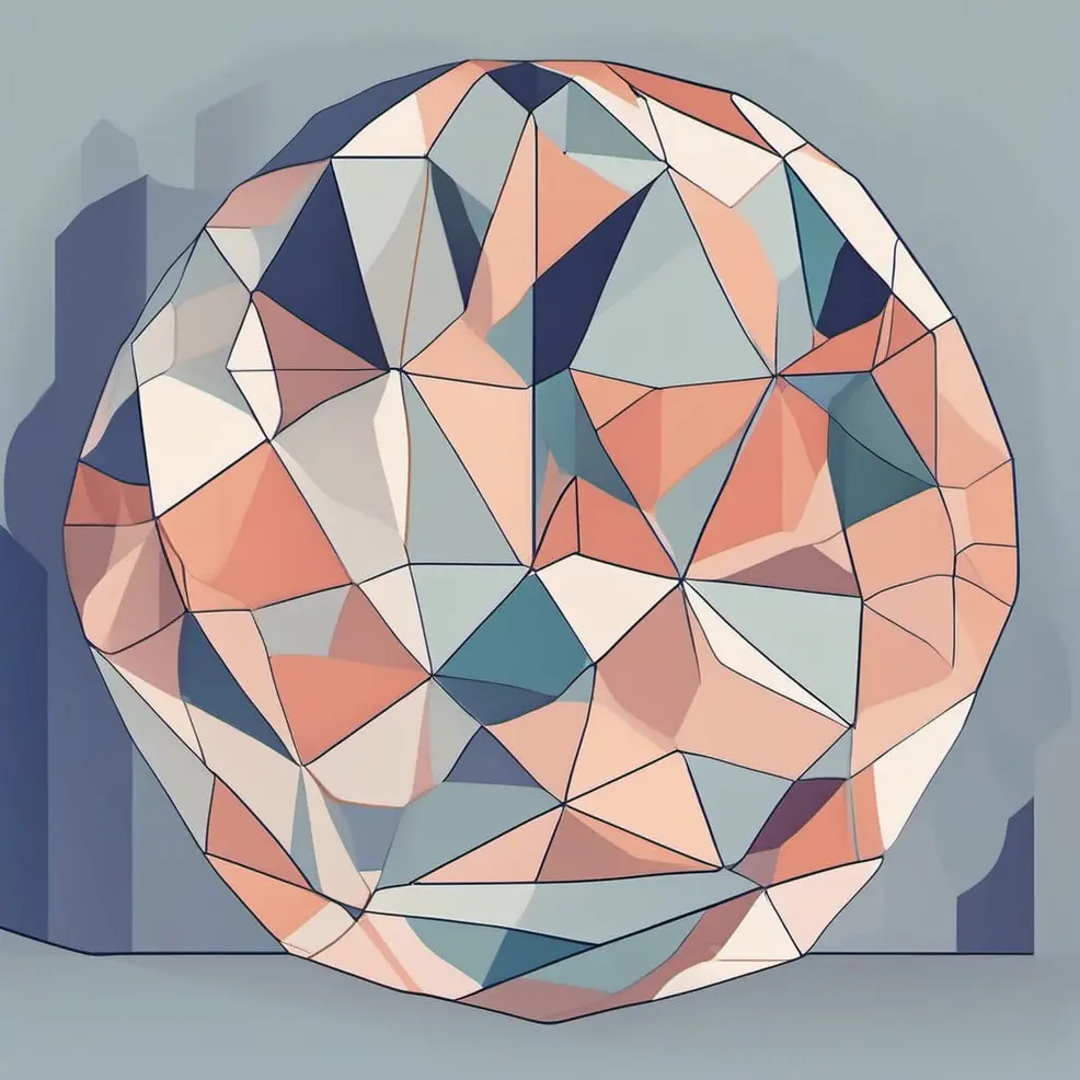 A sphere made of triangular pieces in peach, blue-grey, white, and navy sits on a grey background