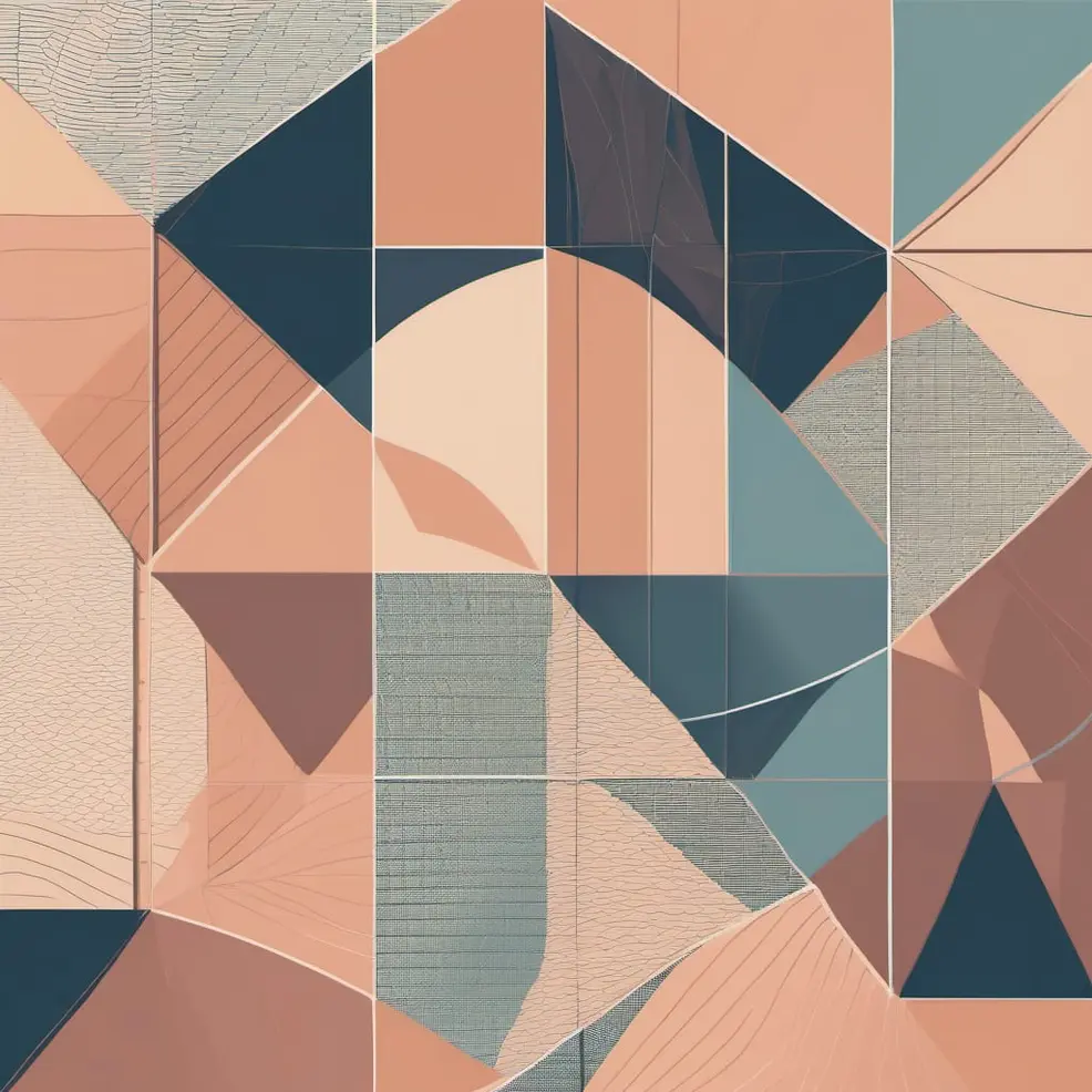 A grid of geometric shapes in terracotta, teal, and beige with delicate line patterns on some sections