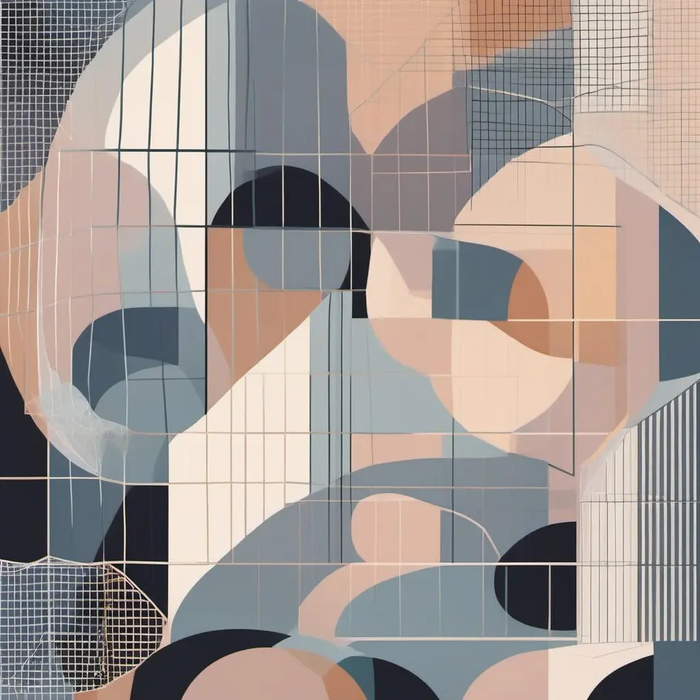 Overlapping curved and geometric shapes in blue, peach, grey, and black float against a grid-like background
