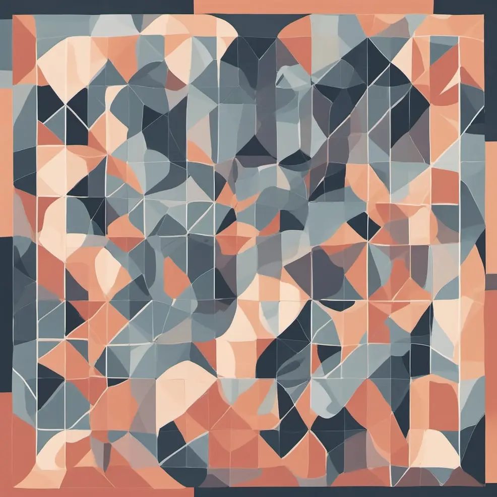 A geometric pattern of triangles and squares in peach, gray, blue, and dark brown sits on a muted background