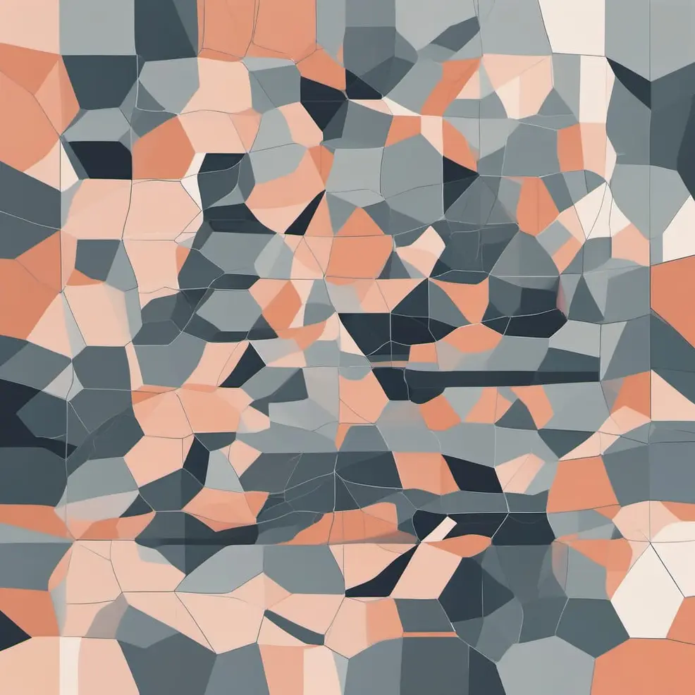 A fractured mosaic pattern with grey, orange, and black polygonal shapes covers a flat, abstract surface