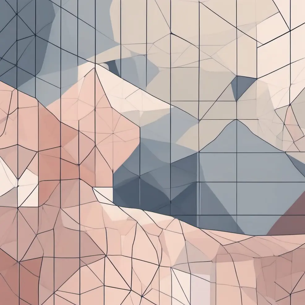 Geometric triangles in pink, blue, gray, and white are connected by a grid of thin lines
