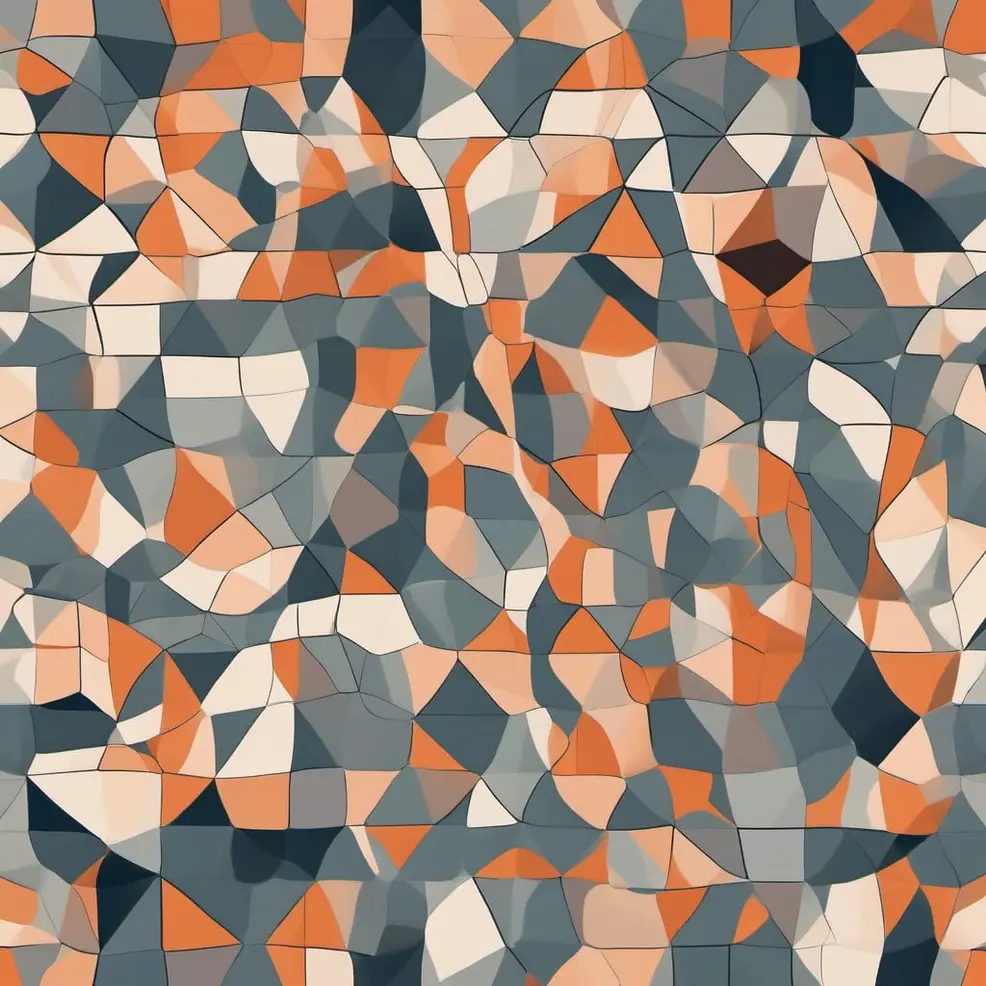 A chaotic arrangement of jagged, multi-colored geometric shapes in orange, gray, white, and dark blue forms a fragmented, mosaic-like pattern