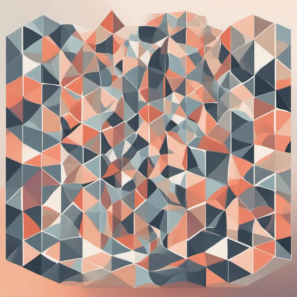 A rectangular frame filled with orange, grey, and white triangles on a pale beige background