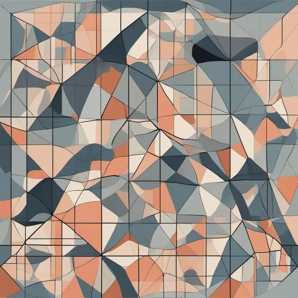 A geometric pattern of triangles in blue, orange, beige, and gray is overlaid with a dark grid structure