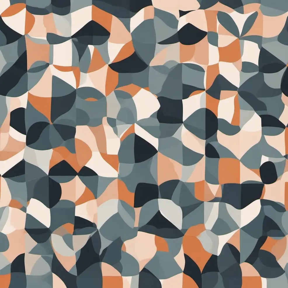 A seamless pattern of abstract, geometric shapes in orange, grey, black, and cream creates a textured visual effect