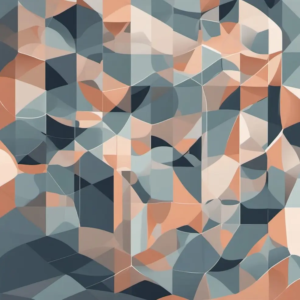 A seamless pattern of interconnected triangles in gray, peach, beige, and muted blue forms an abstract geometric design