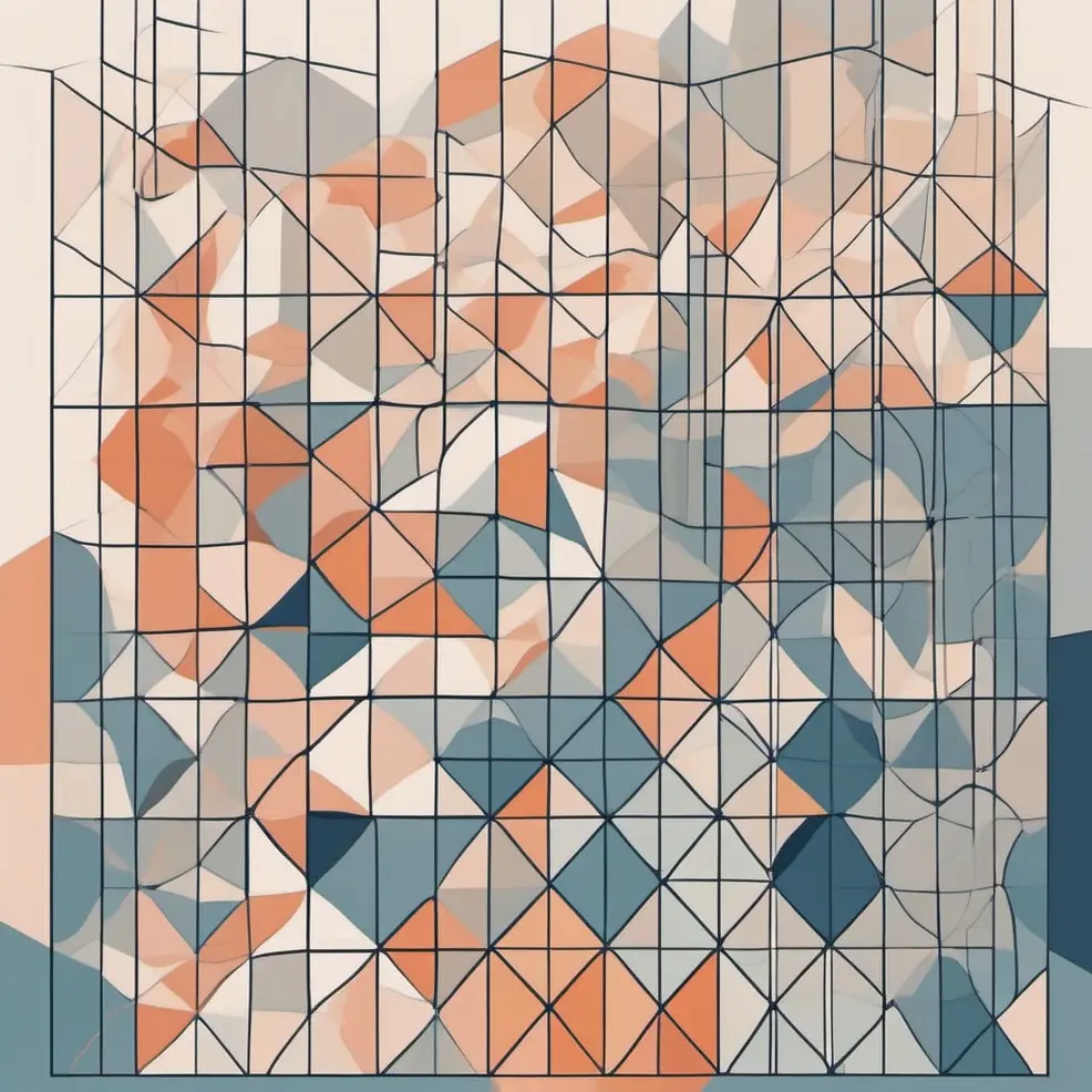 An abstract pattern of orange, blue, and grey geometric shapes with a grid of thin black lines on a teal background