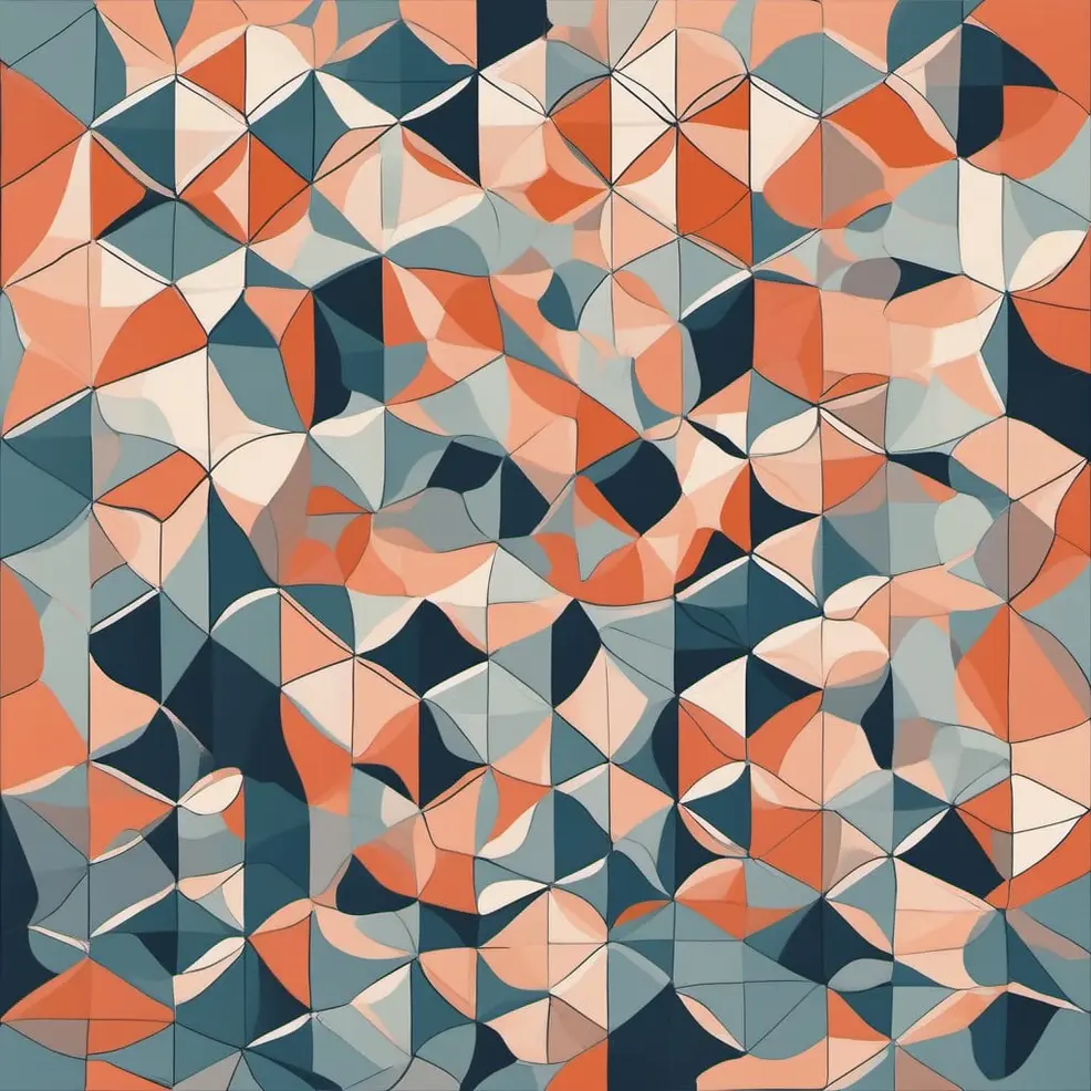 A flat background features a repeating pattern of geometric triangles and polygons in orange, blue-grey, and cream