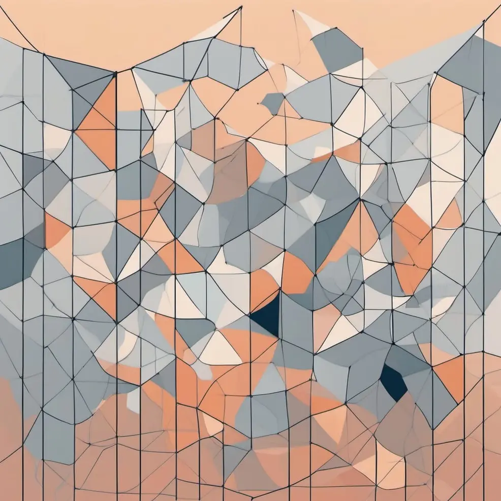 A network of grey lines forms irregular orange, grey, and white polygons on a pale peach-colored background