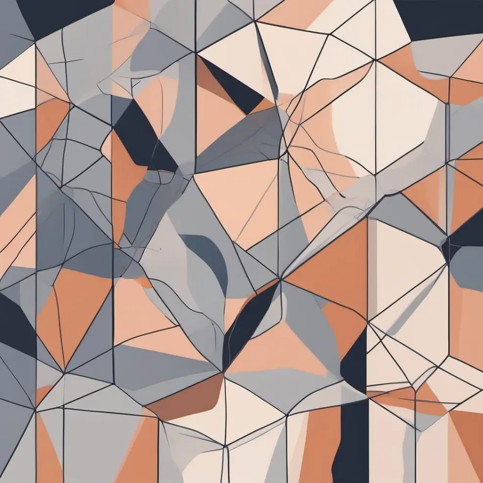 An abstract geometric pattern with orange, gray, white, and dark blue triangular shapes outlined in thin black lines