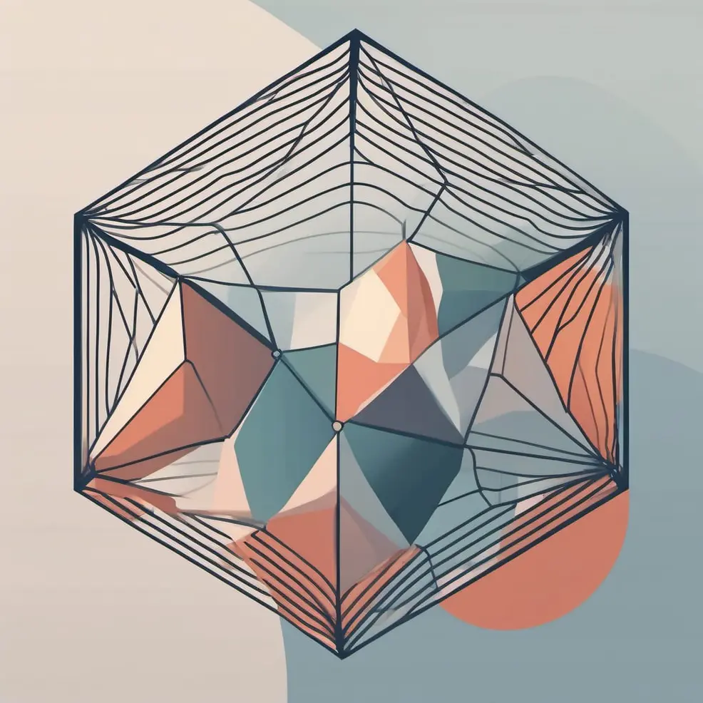 A geometric cube frame holds faceted triangular planes in orange, grey, teal, and beige on a muted pastel background