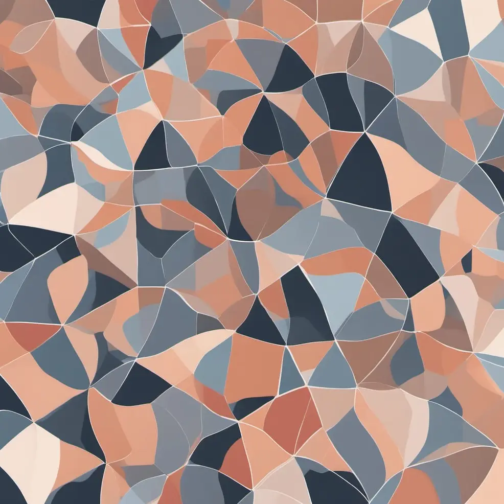An abstract pattern of irregular, angular shapes in shades of peach, blue-grey, and dark navy fills the frame