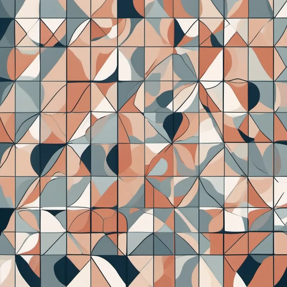 A repeating pattern of geometric squares filled with abstract curves in shades of blue, orange, white, and gray lines