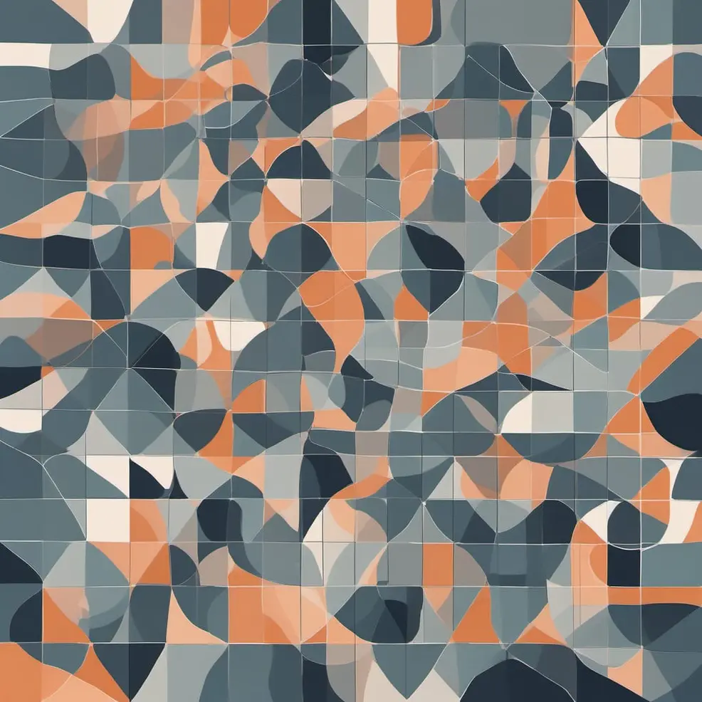 A grid of irregular orange, gray, and cream-colored geometric shapes forms an abstract, textured pattern