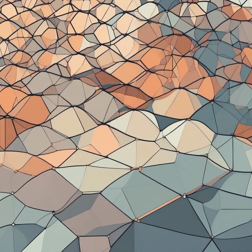 An abstract pattern of interconnected geometric shapes in orange, beige, gray, and blue with dark outlines