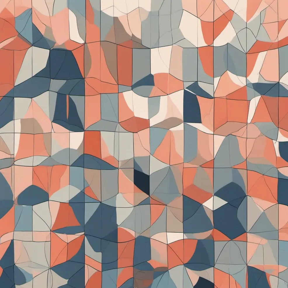 A square grid filled with repeating abstract angular shapes in blue, orange, and beige connected by thin black lines