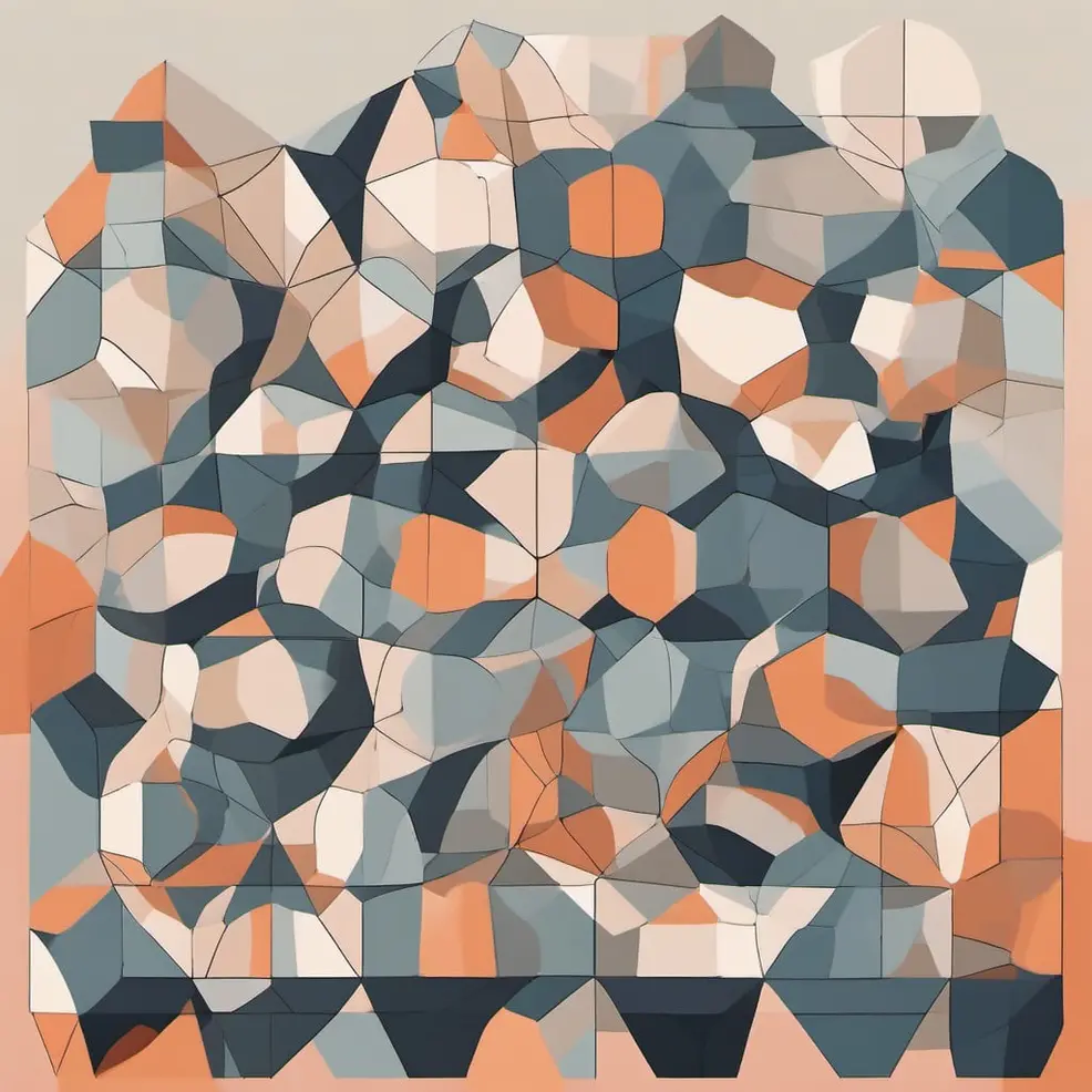 A geometric pattern of irregularly shaped polygons in orange, gray, white, and black sits on a pale peach background