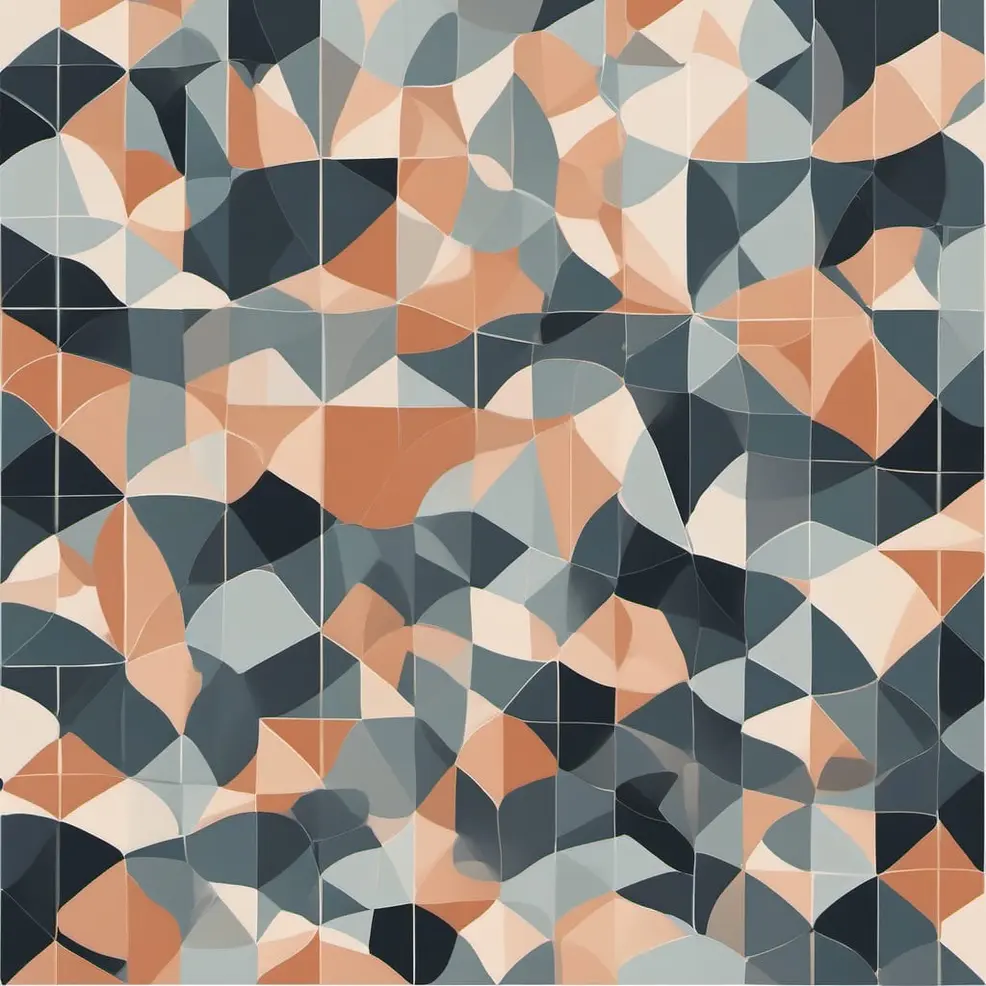A square grid filled with triangles in orange, gray, white, and dark blue arranged in a geometric pattern