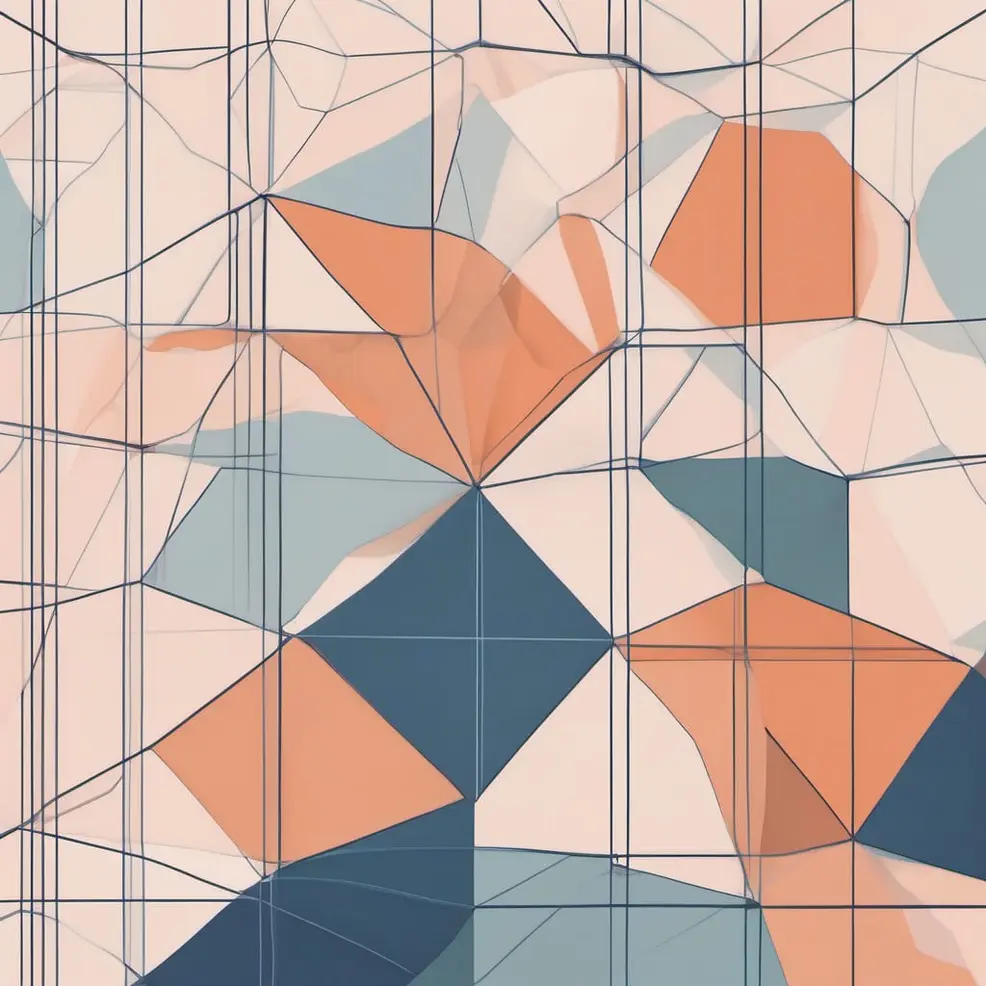 Overlapping geometric triangles in orange, blue, and beige are overlaid with a grid of thin black lines
