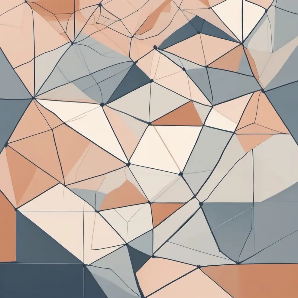 A geometric pattern of triangles made with light grey lines filled with peach, blue-grey, and cream colors