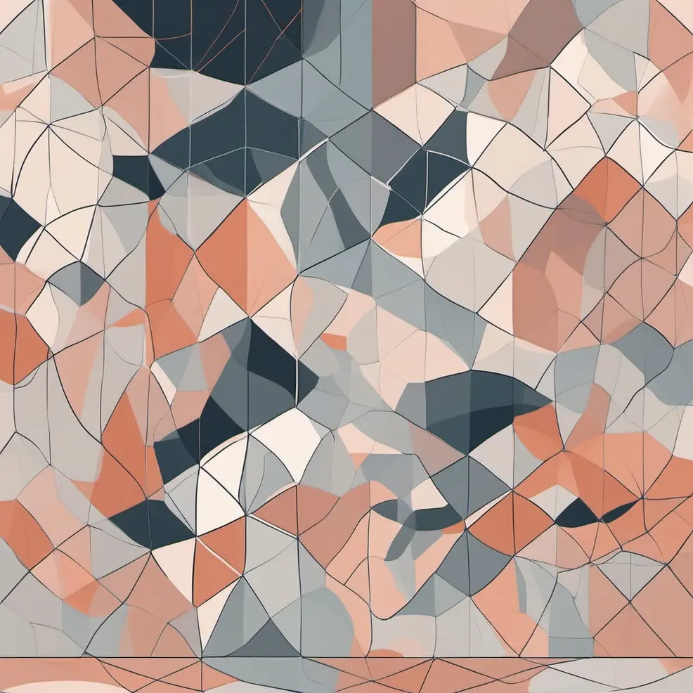 An abstract geometric pattern made of irregular polygons in peach, gray, white, and dark blue, outlined with thin black lines