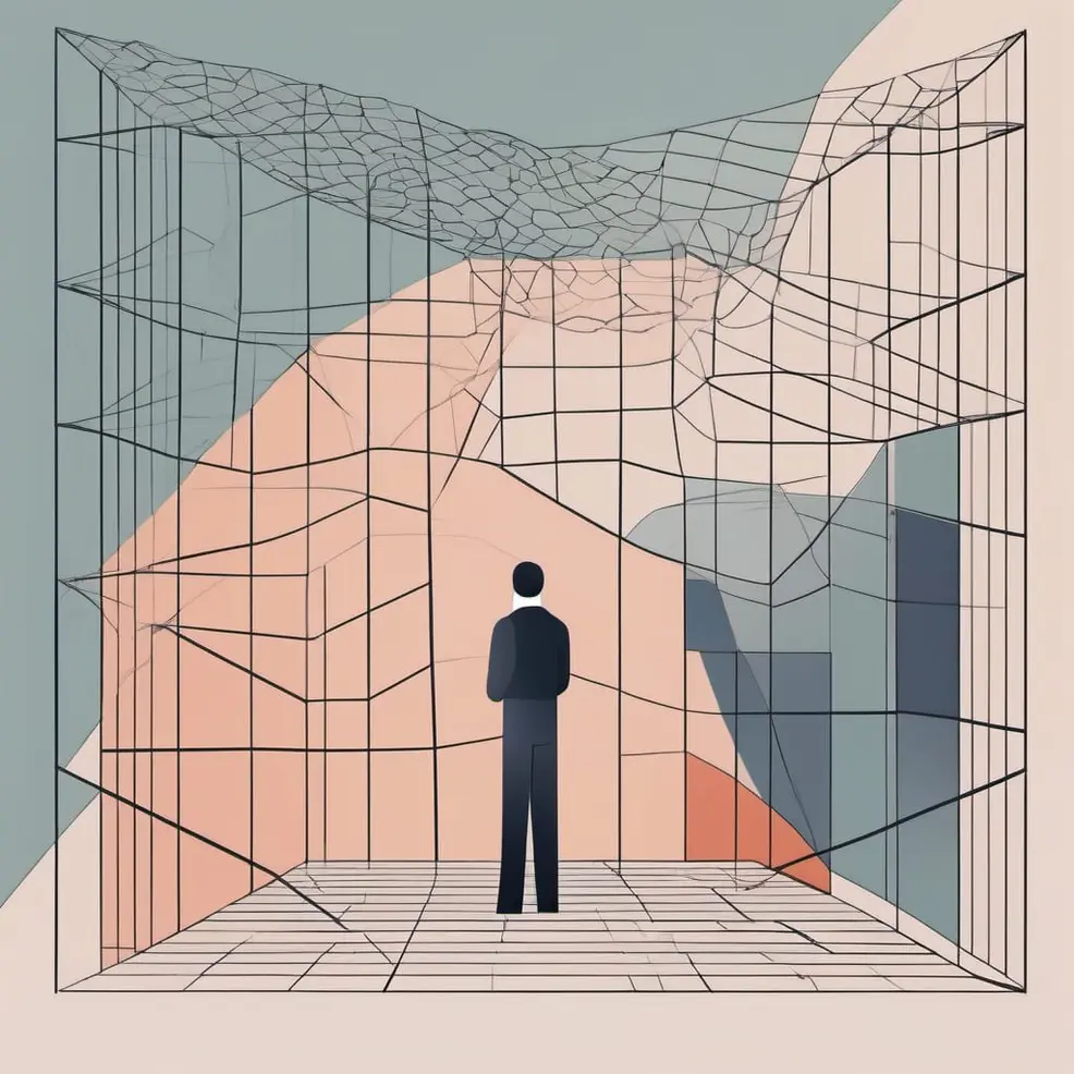 A silhouetted figure stands before a complex geometric structure made of pink and grey lines on a pale green and peach-toned background