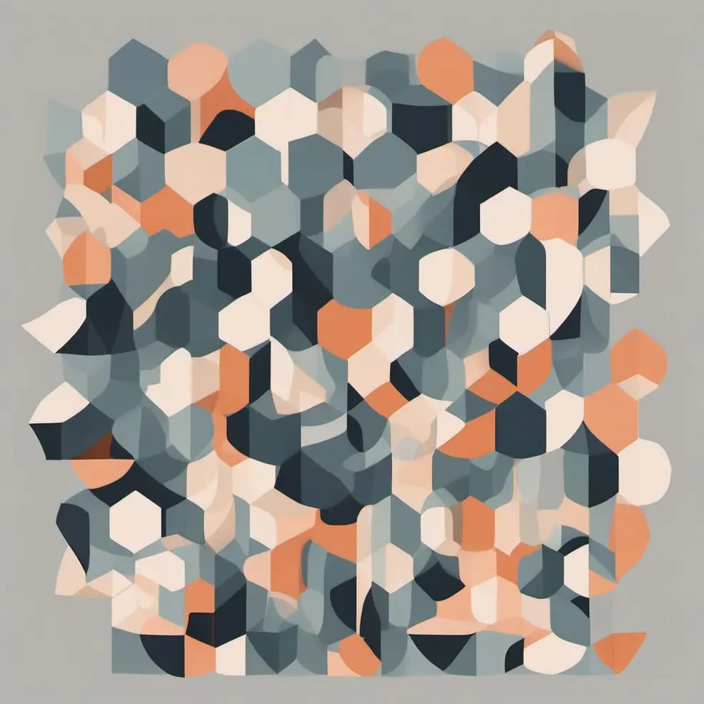 A cluster of overlapping geometric hexagons in shades of gray, orange, white, and dark blue sits against a pale gray background