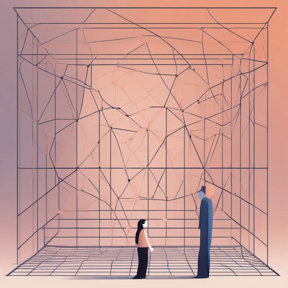 Two figures stand before a large, geometric structure in a room with a warm orange background and grid-patterned floor