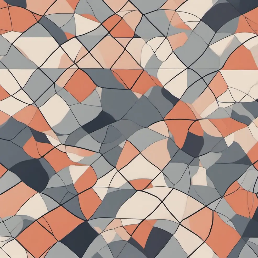 An abstract pattern of irregularly shaped orange, gray, and beige sections separated by thin black lines on a flat surface