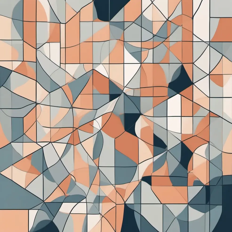 An abstract pattern of irregular orange, grey, blue, and white geometric shapes outlined in dark black lines on a light background