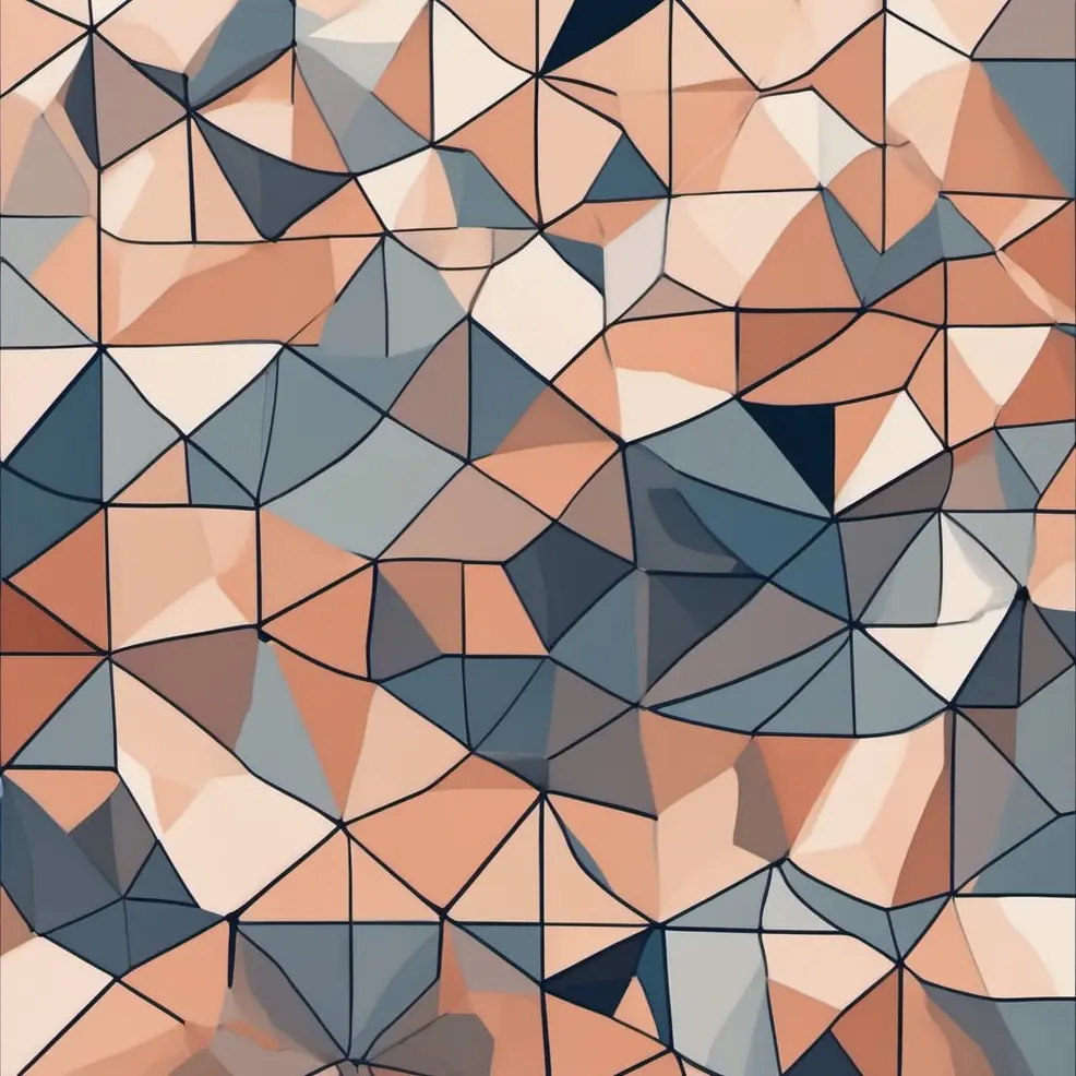 A geometric pattern of interconnected triangles in peach, blue-grey, white, and dark lines appears against a light background
